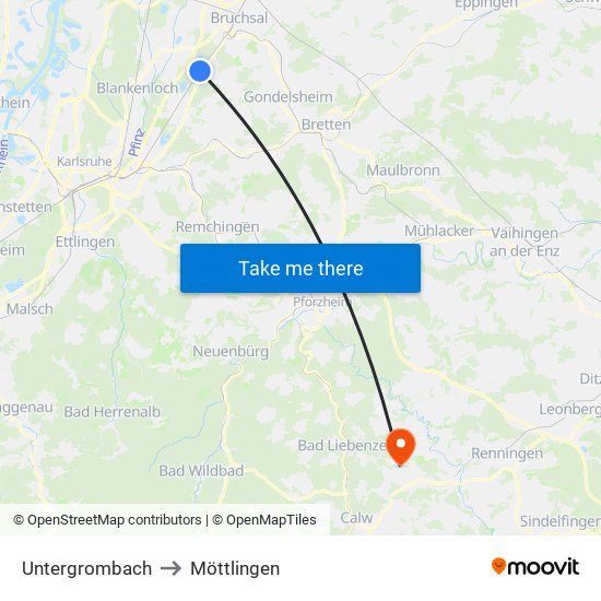 Untergrombach to Möttlingen map