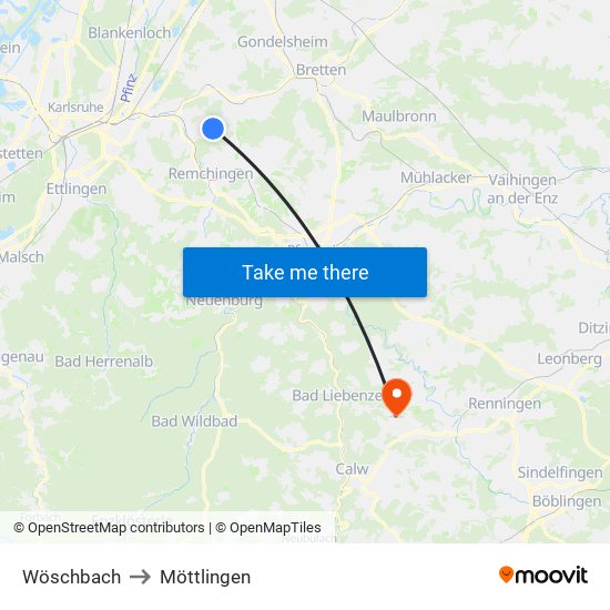 Wöschbach to Möttlingen map