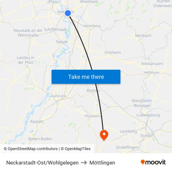 Neckarstadt-Ost/Wohlgelegen to Möttlingen map