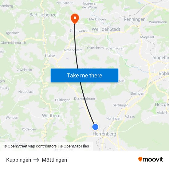 Kuppingen to Möttlingen map