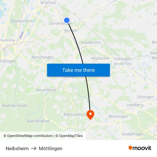 Neibsheim to Möttlingen map