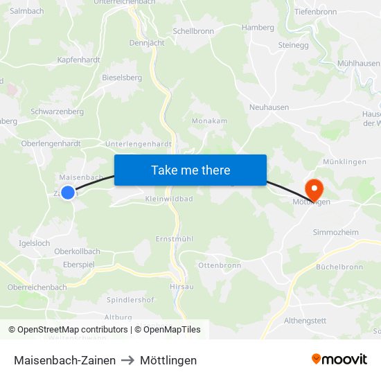 Maisenbach-Zainen to Möttlingen map