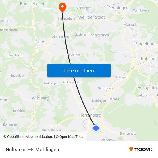 Gültstein to Möttlingen map
