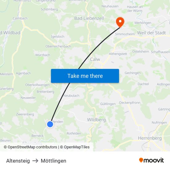 Altensteig to Möttlingen map