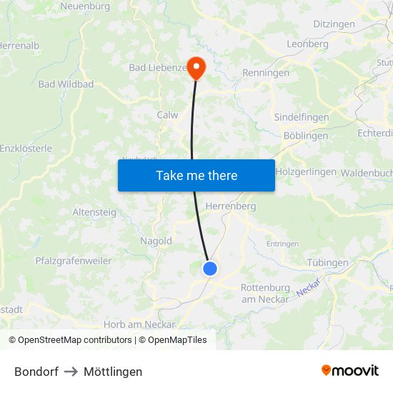 Bondorf to Möttlingen map