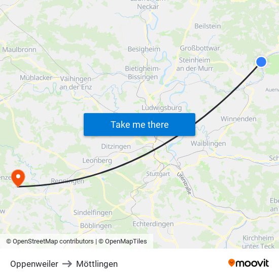 Oppenweiler to Möttlingen map