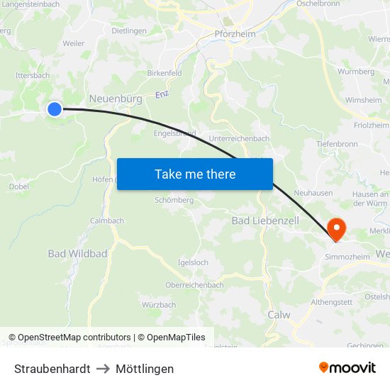 Straubenhardt to Möttlingen map