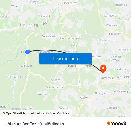 Höfen An Der Enz to Möttlingen map