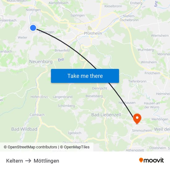 Keltern to Möttlingen map