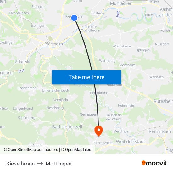 Kieselbronn to Möttlingen map