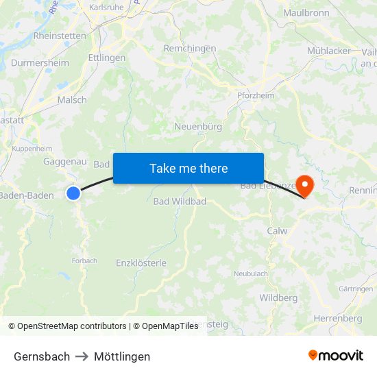 Gernsbach to Möttlingen map