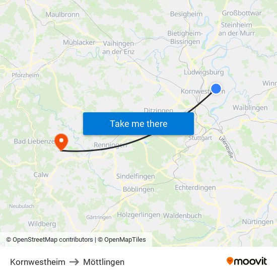 Kornwestheim to Möttlingen map