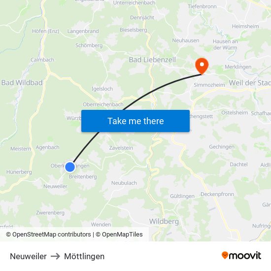 Neuweiler to Möttlingen map