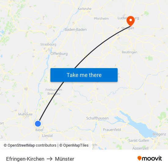 Efringen-Kirchen to Münster map