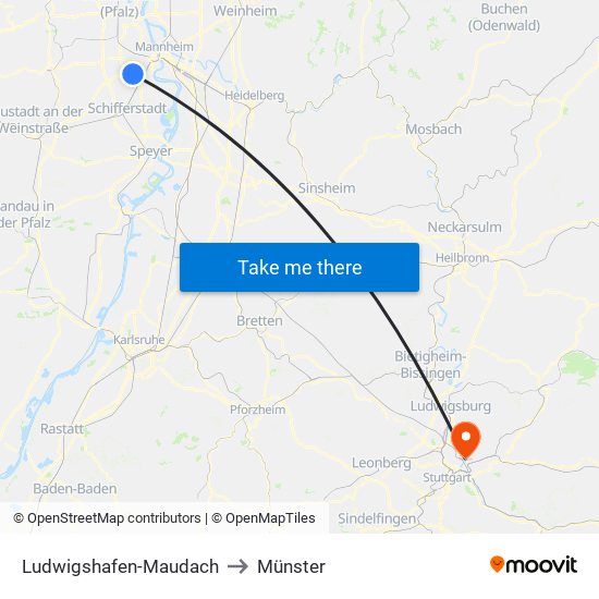 Ludwigshafen-Maudach to Münster map