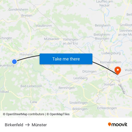 Birkenfeld to Münster map