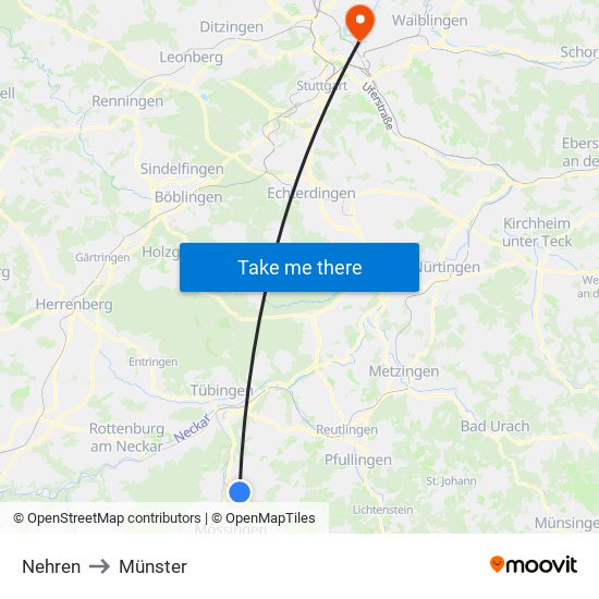 Nehren to Münster map