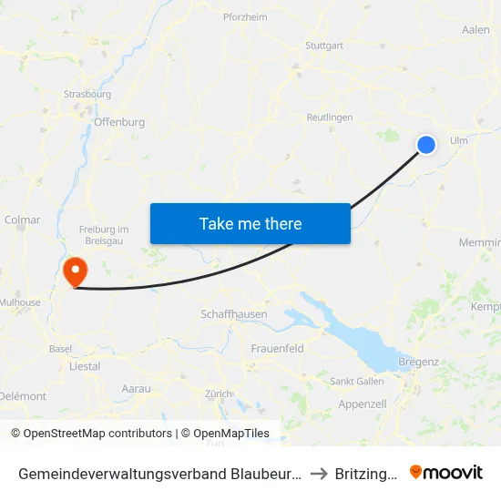 Gemeindeverwaltungsverband Blaubeuren to Britzingen map