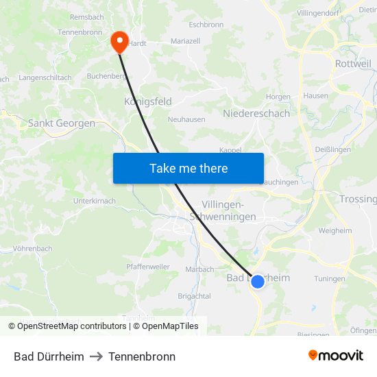 Bad Dürrheim to Tennenbronn map