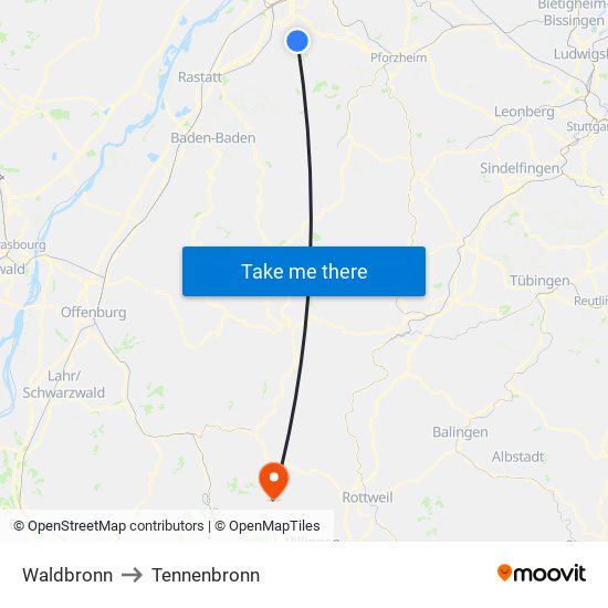 Waldbronn to Tennenbronn map