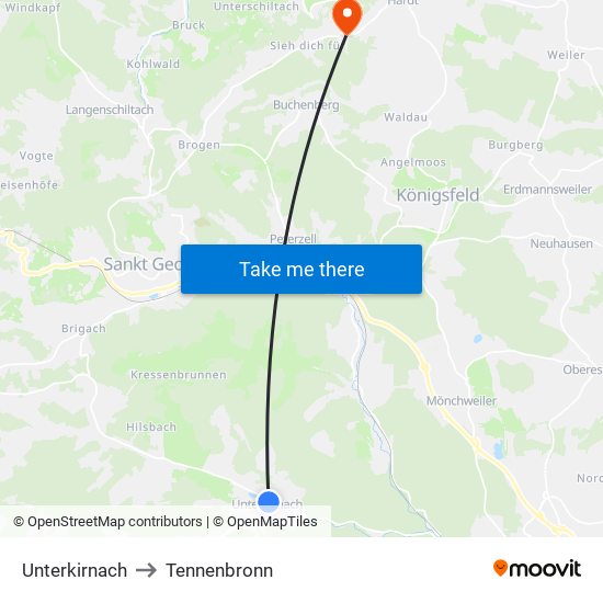 Unterkirnach to Tennenbronn map