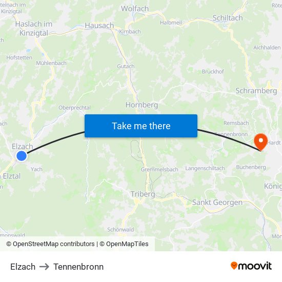 Elzach to Tennenbronn map