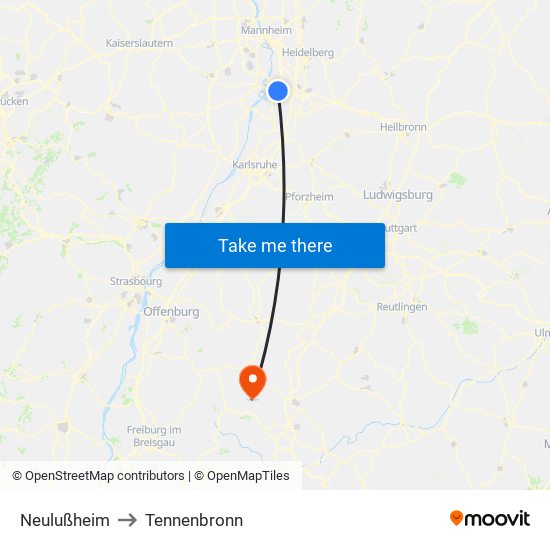 Neulußheim to Tennenbronn map