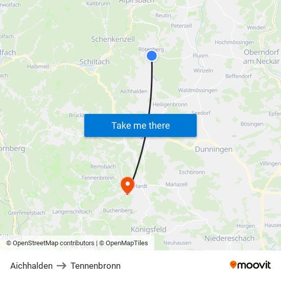 Aichhalden to Tennenbronn map