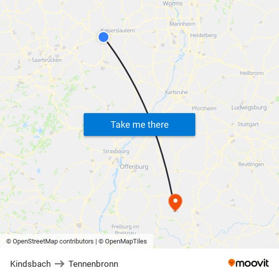 Kindsbach to Tennenbronn map