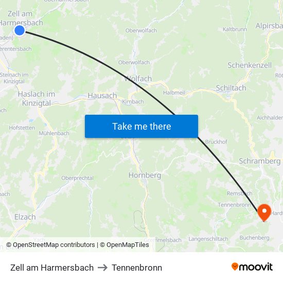 Zell am Harmersbach to Tennenbronn map