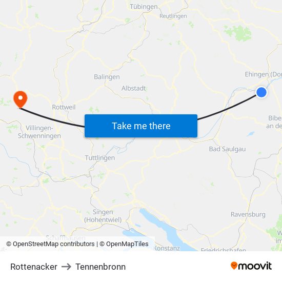 Rottenacker to Tennenbronn map