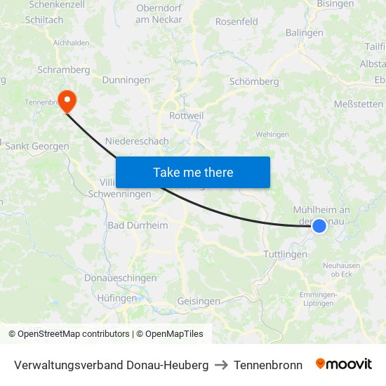 Verwaltungsverband Donau-Heuberg to Tennenbronn map
