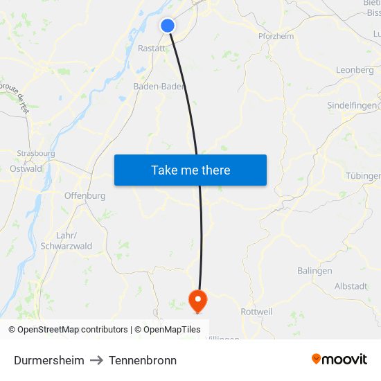 Durmersheim to Tennenbronn map