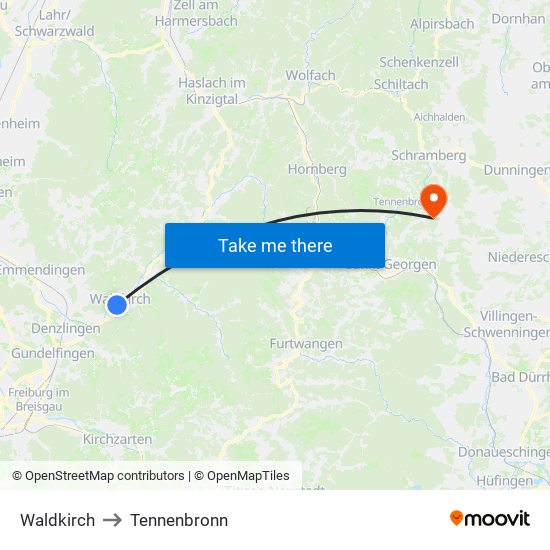 Waldkirch to Tennenbronn map