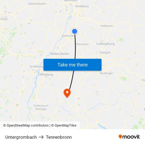 Untergrombach to Tennenbronn map