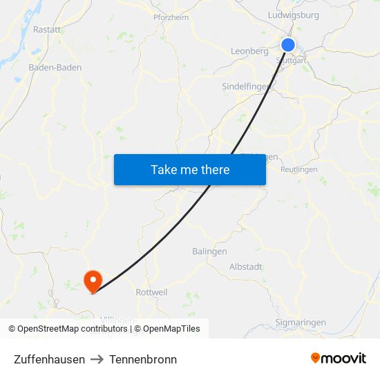 Zuffenhausen to Tennenbronn map