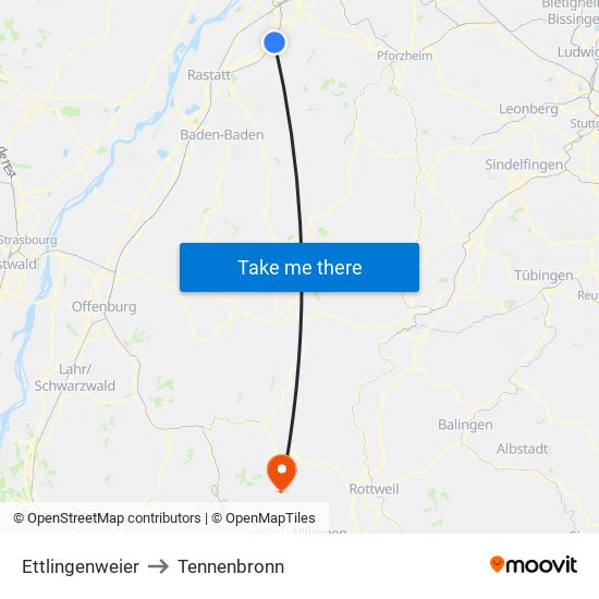 Ettlingenweier to Tennenbronn map