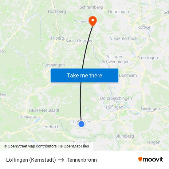 Löffingen (Kernstadt) to Tennenbronn map