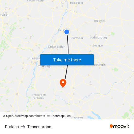 Durlach to Tennenbronn map