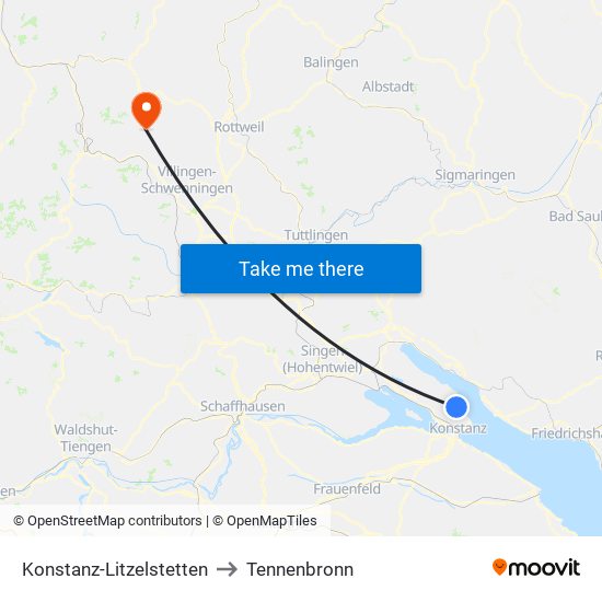 Konstanz-Litzelstetten to Tennenbronn map