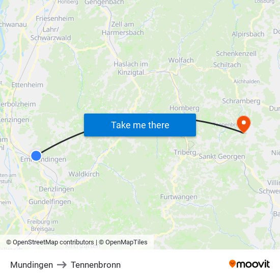 Mundingen to Tennenbronn map