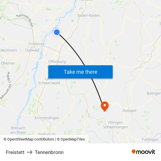 Freistett to Tennenbronn map