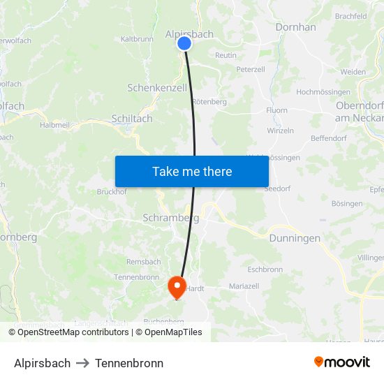 Alpirsbach to Tennenbronn map