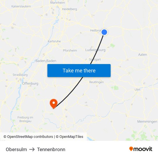 Obersulm to Tennenbronn map