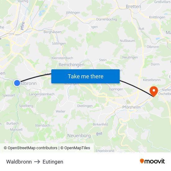 Waldbronn to Eutingen map