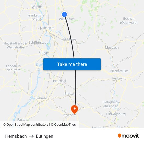 Hemsbach to Eutingen map