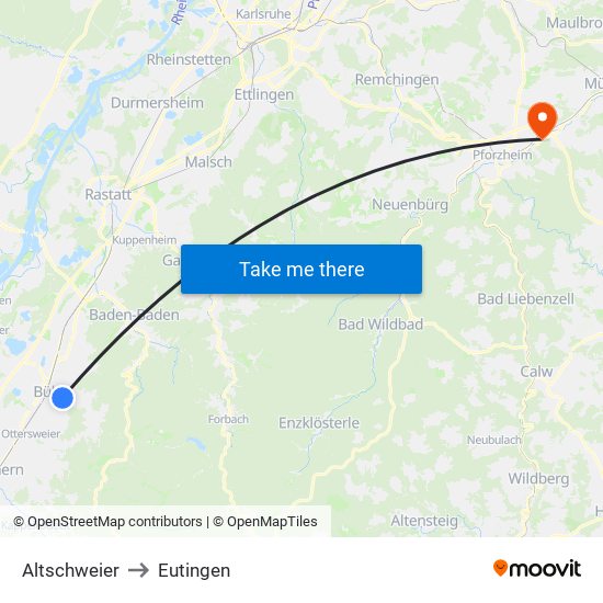 Altschweier to Eutingen map