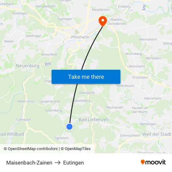 Maisenbach-Zainen to Eutingen map