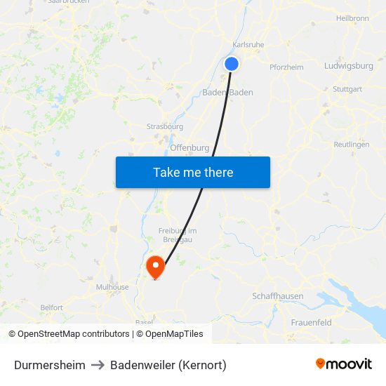 Durmersheim to Badenweiler (Kernort) map