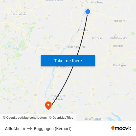 Altlußheim to Buggingen (Kernort) map